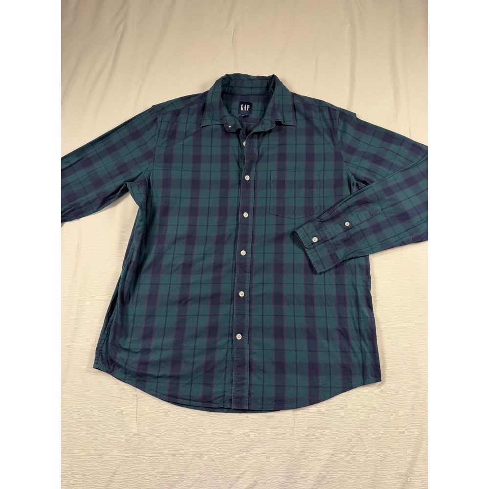 Gap Mens Large Green Navy Blue Plaid Long Sleeve Button Down Shirt Pocket L